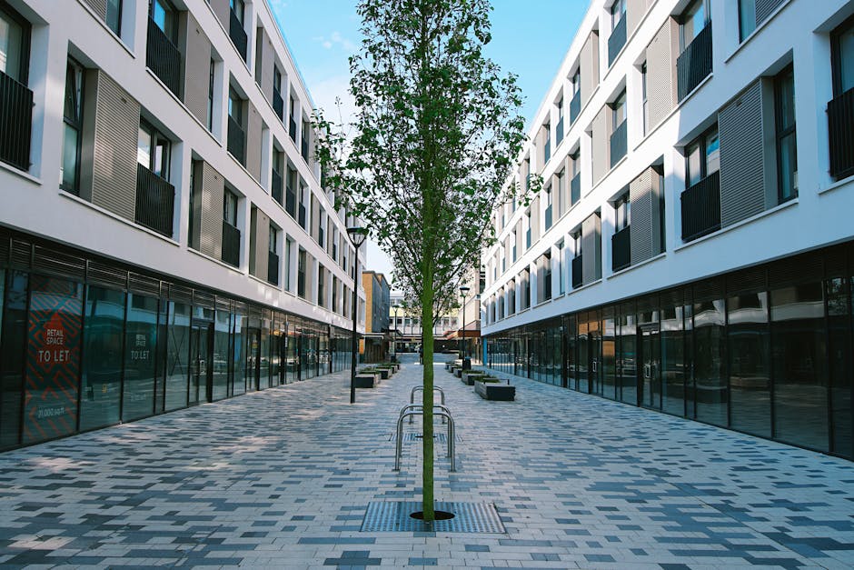 Contemporary street view of modern buildings with tree, UK.